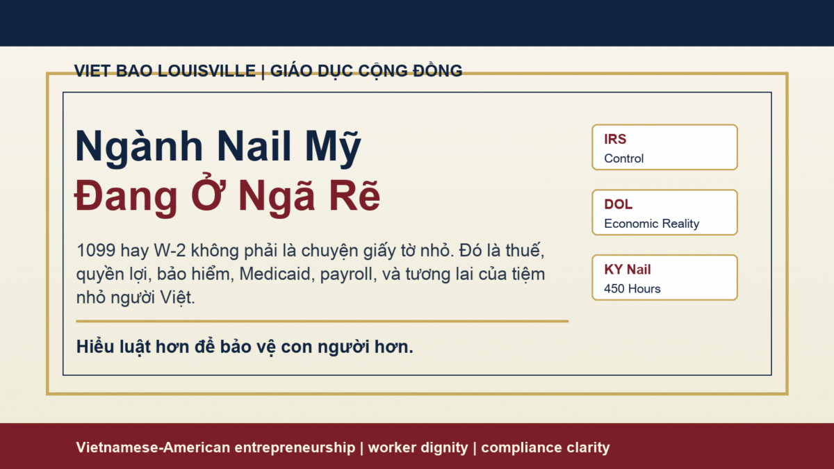 Vietnamese and English education graphic about the U.S. nail industry crossroads around 1099, W-2, tax, Medicaid, payroll, and small salon compliance